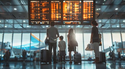 A group of four families standing and looking at a departure board at the airport.