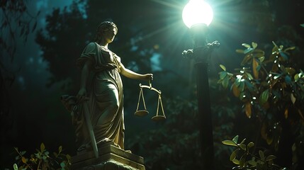 Fototapeta premium A statue of Lady Justice stands under a streetlight at night, holding scales of justice.