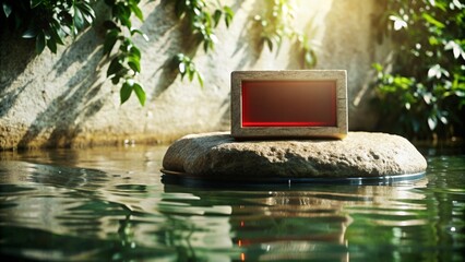 Minimalistic stone stand partially submerged in water, featuring a red display set against a textured blue background.