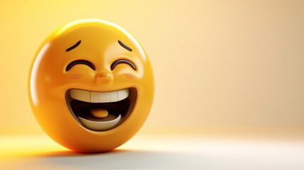 Fototapeta premium A 3D luxury emoji with a big, hearty laugh, eyes squinted in joy, on a stark white background, the yellow hue bright and inviting, offering a sense of warmth and happiness