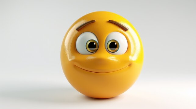 A 3D luxury yellow emoji showing a subtle smile with one eyebrow raised, set against a white backdrop, suggesting curiosity and sophistication