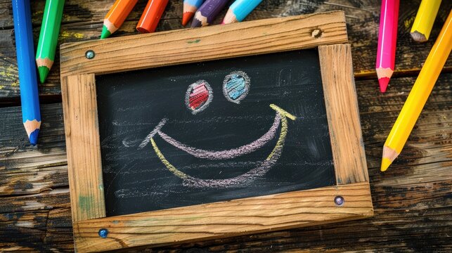 Variety of crayons and chalkboard with smiley face drawn on wooden surface
