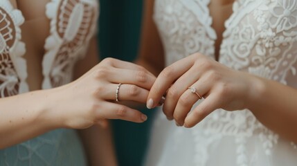 Lesbian couple exchanging rings at a wedding ceremony, commitment and love