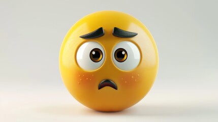 Fototapeta premium A 3D yellow emoji with an expression of confusion, one eyebrow raised and mouth turned down, set against a white background, depicting puzzlement or uncertainty
