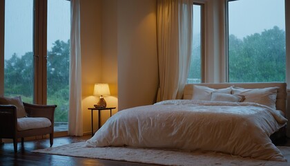 A bed sitting next to a window covered in rain2