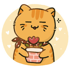 cute cartoon of a cat holding a plant pot bright flower illustration
