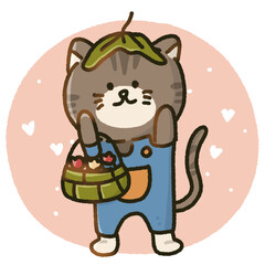 cute cartoon of a cat holding a basket of cheerful and bright flowers illustration