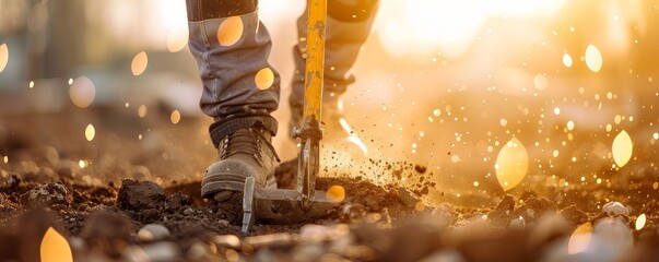 Construction worker using a jackhammer, breaking ground, heavy labor