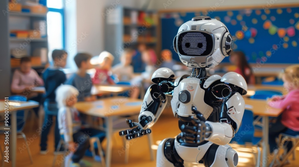 Poster humanoid robot teaching children in a classroom. innovative ai technology in education for the futur