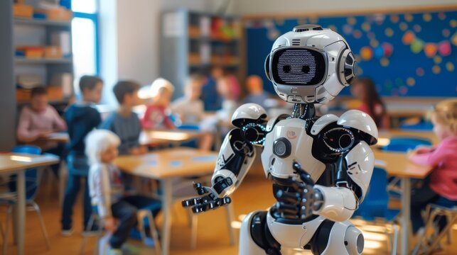 Humanoid robot teaching children in a classroom. Innovative AI technology in education for the future.
