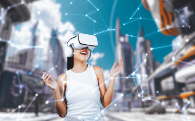 Female stand wear white VR headset and white sleeveless connect metaverse, future technology create...