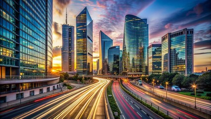 Obraz premium Modern glass facade skyscrapers illuminate the Paris business district at dusk, with dynamic evening traffic flowing through the street, conveying economic and financial progress.