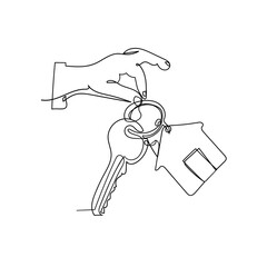 Continuous line drawing .A hand holding a regular key and a house key. Icon vector illustration