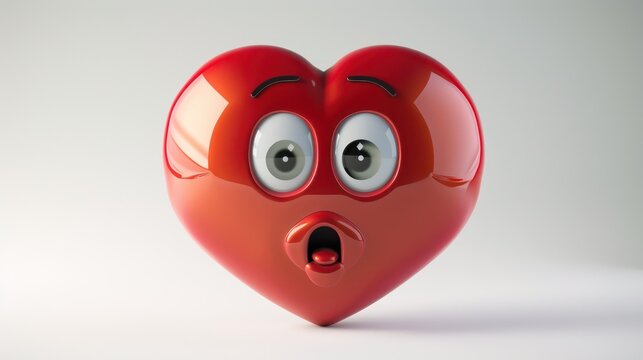 A luxury 3D heart emoji with a quizzical expression, one corner of the mouth raised, pondering a mystery, against a white background