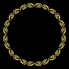 Round circular border or frame with abstract vintage medieval or baroque motifs. Golden glossy silhouette on black background.
