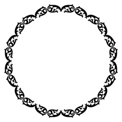 Round circular border or frame with abstract vintage medieval or baroque motifs. Black floral silhouettes on white background.