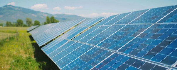 Solar panels in a sunny field, clean energy, photovoltaic power