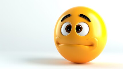 Fototapeta premium A mysterious 3D yellow emoji with a half-smile, looking to the side, isolated against a white background, the expression enigmatic and intriguing
