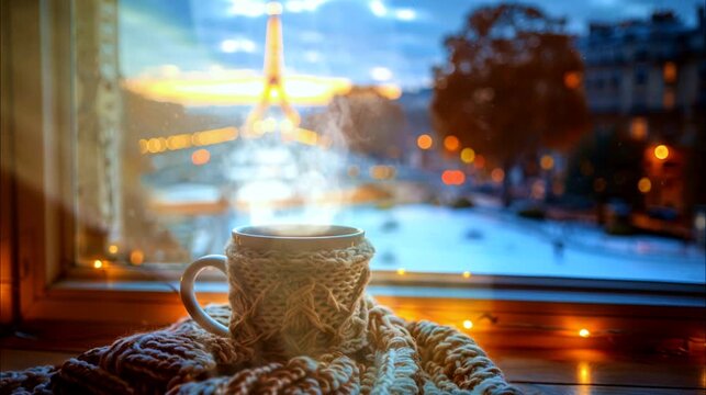 A steaming cup of coffee sits on a cozy blanket, with the Eiffel Tower in the background seamless  looping animation time lapse 4k video background 