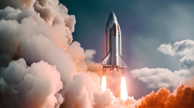 A shiny silver rocket taking off, with bright orange flames, smoke billowing out, on the dark blue background