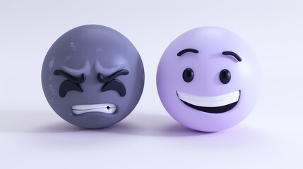 A pair of 3D emojis, one in simple charcoal showing weariness, and another in light purple flashing a playful smile, isolated on a white background