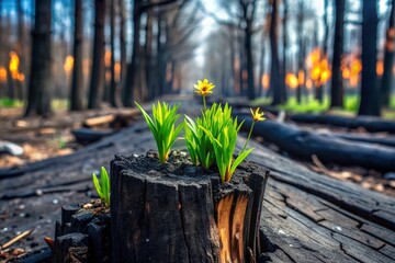 Vibrant green shoots and flowers burst forth from charred black tree trunks, symbolizing hope and resilience in a forest reborn from devastating wildfire ruins.