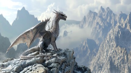 Fototapeta premium A majestic silver dragon perched atop a mountain, overlooking a vast landscape of misty peaks.