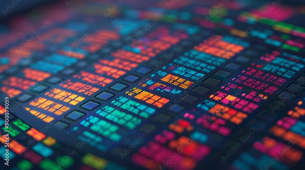 Poster a vibrant display of digital data visualization showcasing bright colors and patterns on a dark back