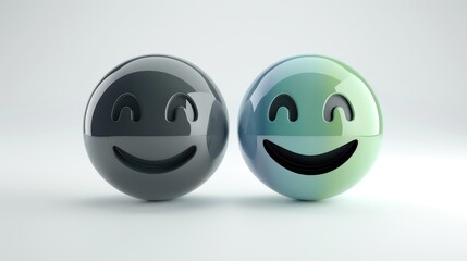 A pair of emojis, one gradient from grey to black showing stoicism, and another from blue to green with a big smile, set against a white backdrop