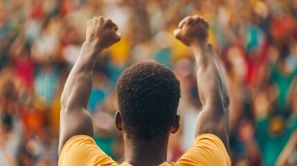 A triumphant individual raises their arms in victory amidst a large, cheering crowd, celebrating a significant achievement.