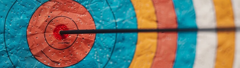 Close-up view of a colorful archery target with an arrow hitting the bullseye, symbolizing precision and focus in sports.