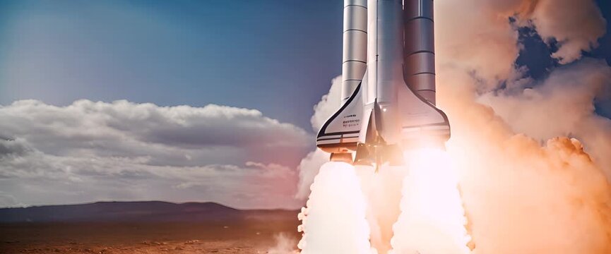 A shiny silver rocket taking off, with bright orange flames, smoke billowing out, on the dark blue background