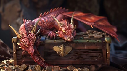 Two red dragons guarding a treasure chest full of gold and jewels.