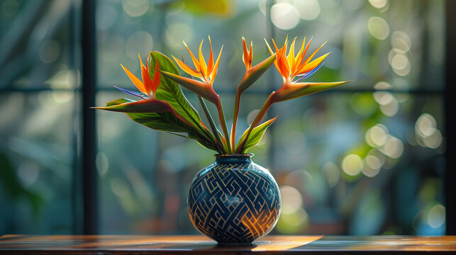 Vibrant Bird of Paradise Flowers in Decorative Vase