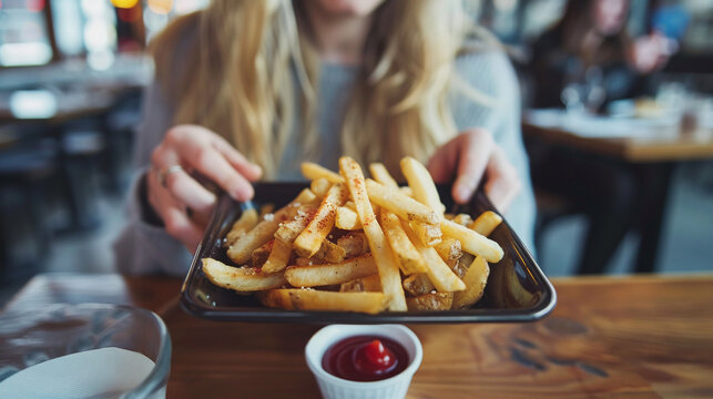 A woman enjoy french fries.