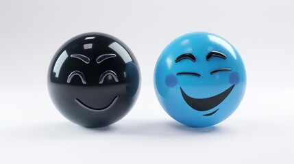Fototapeta premium A pair of emojis, one solid black with a stoic expression, and another sky blue with a mischievous wink, set against a white backdrop