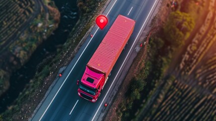 Gps tracking from top view moving truck with container on a map