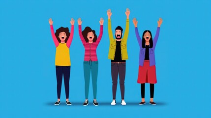 Fototapeta premium Cheerful diverse group celebrating with hands raised, expressing joy and excitement against a bright blue background