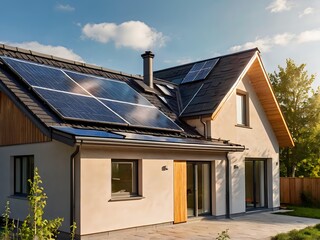 Fototapeta premium Close-up of a new suburban house with a photovoltaic system on the roof. Simple and modern environmentally friendly house with solar panels on the gable roof, with sunlight during the day