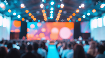 Blurred image of stage with rear view of audience in the conference hall or seminar meeting