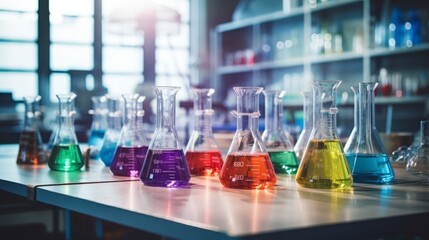 Lab glassware set up in a school classroom for scientific experiments and chemistry lessons, featuring beakers, test tubes, and flasks on a lab table for educational purposes and student learning


