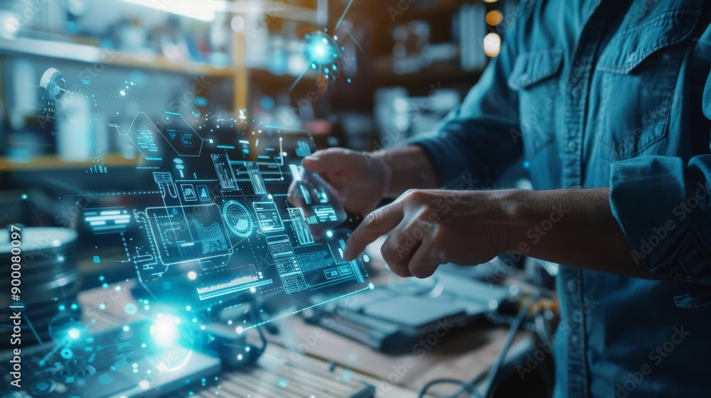 Poster Engineer using futuristic digital tablet with holographic interface in high-tech workshop. Advanced technology and innovative engineering concept.