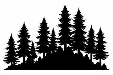 Obraz premium Fir trees silhouette. Coniferous spruce horizontal background patterns, black evergreen woods vector illustration. Beautiful panorama with treetops forest