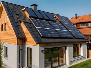Fototapeta premium Close-up of a new suburban house with a photovoltaic system on the roof. Simple and modern environmentally friendly house with solar panels on the gable roof, with sunlight during the day