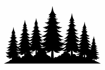 Fir trees silhouette. Coniferous spruce horizontal background patterns, black evergreen woods vector illustration. Beautiful panorama with treetops forest




