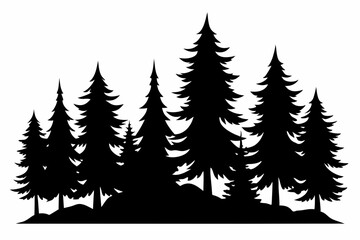 Obraz premium Fir trees silhouette. Coniferous spruce horizontal background patterns, black evergreen woods vector illustration. Beautiful panorama with treetops forest