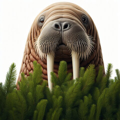 Walrus peeking behind bush