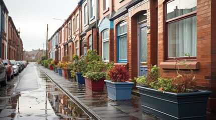 Fototapeta premium A street of townhouses, traditionally built in Victorian Belfast to accommodate workers in factories and mills 