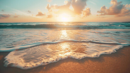 Obraz premium Closeup sea sand beach. Panoramic beach landscape. during sunset.