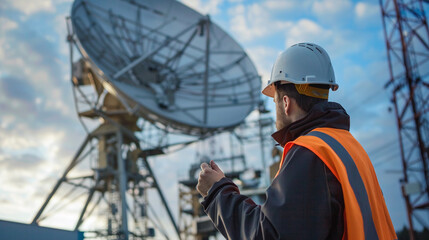 Engineer man wearing protective helmet working nearby satellite dish.